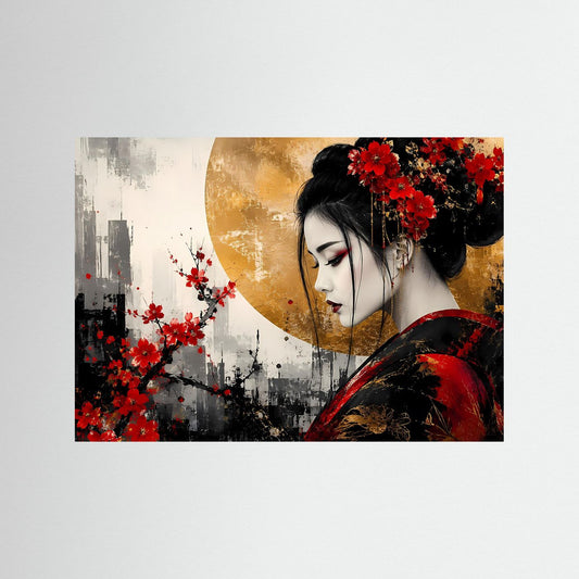 Geisha-Wandbild ohne Rahmen: Frau in Rot mit Blumen im schwarzen Haar.