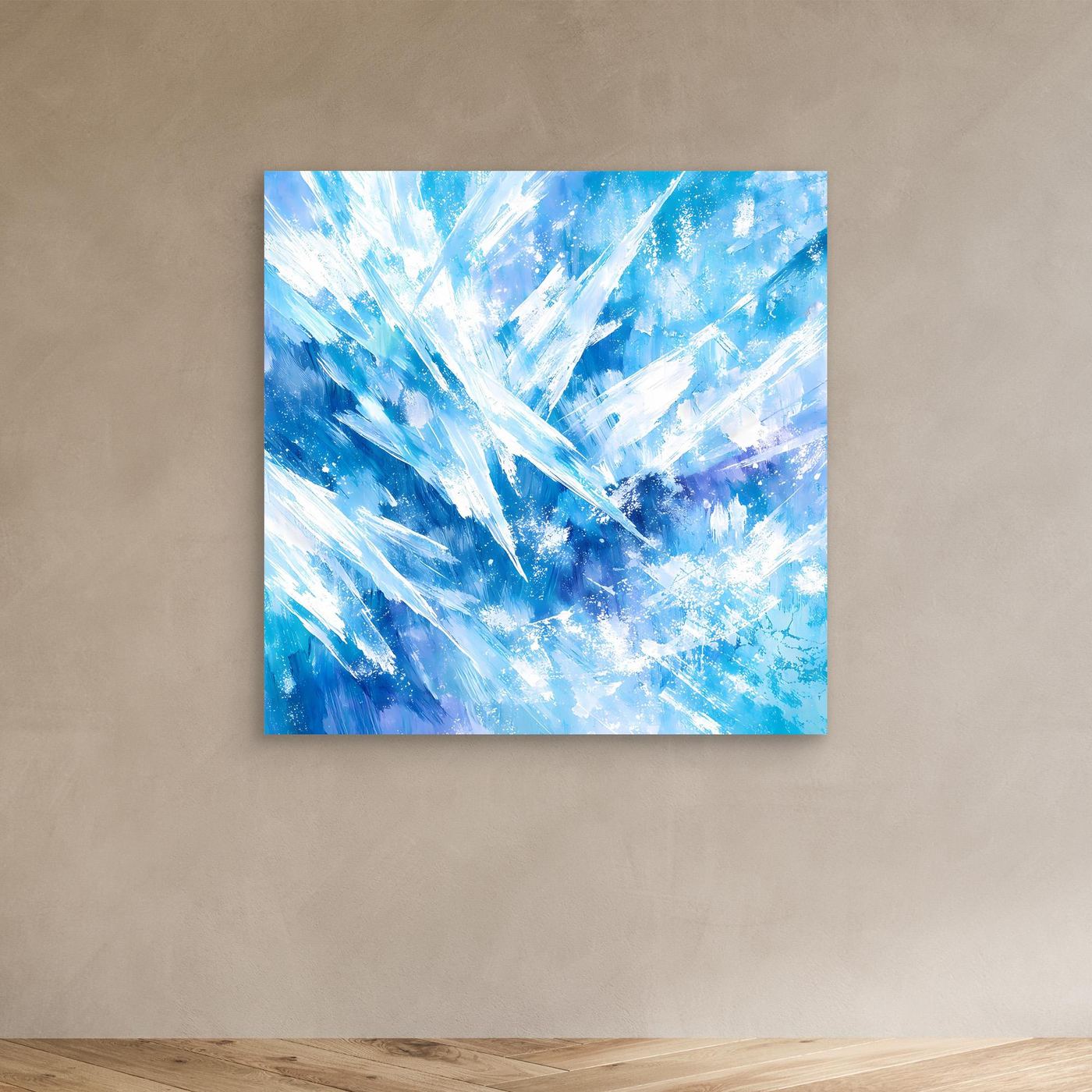 Quadratisches Leinwand-Wandbild mit blauem Eis- und Kristallmuster, ohne Rahmen