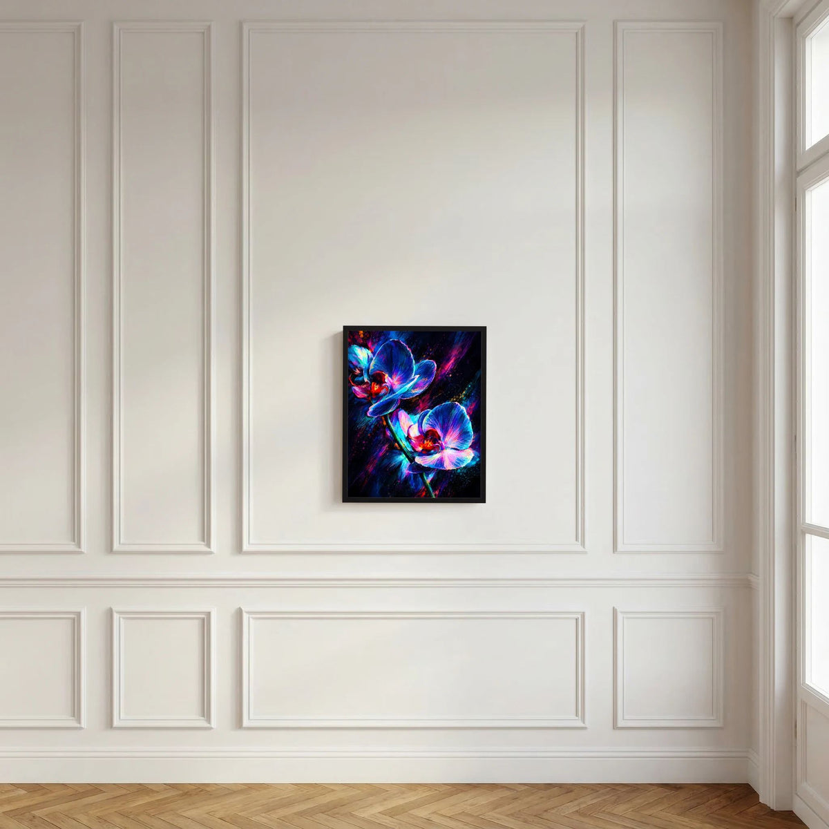 Wandposter mit leuchtenden Orchideen in Neon-Blau und Pink, schwarzer Rahmen