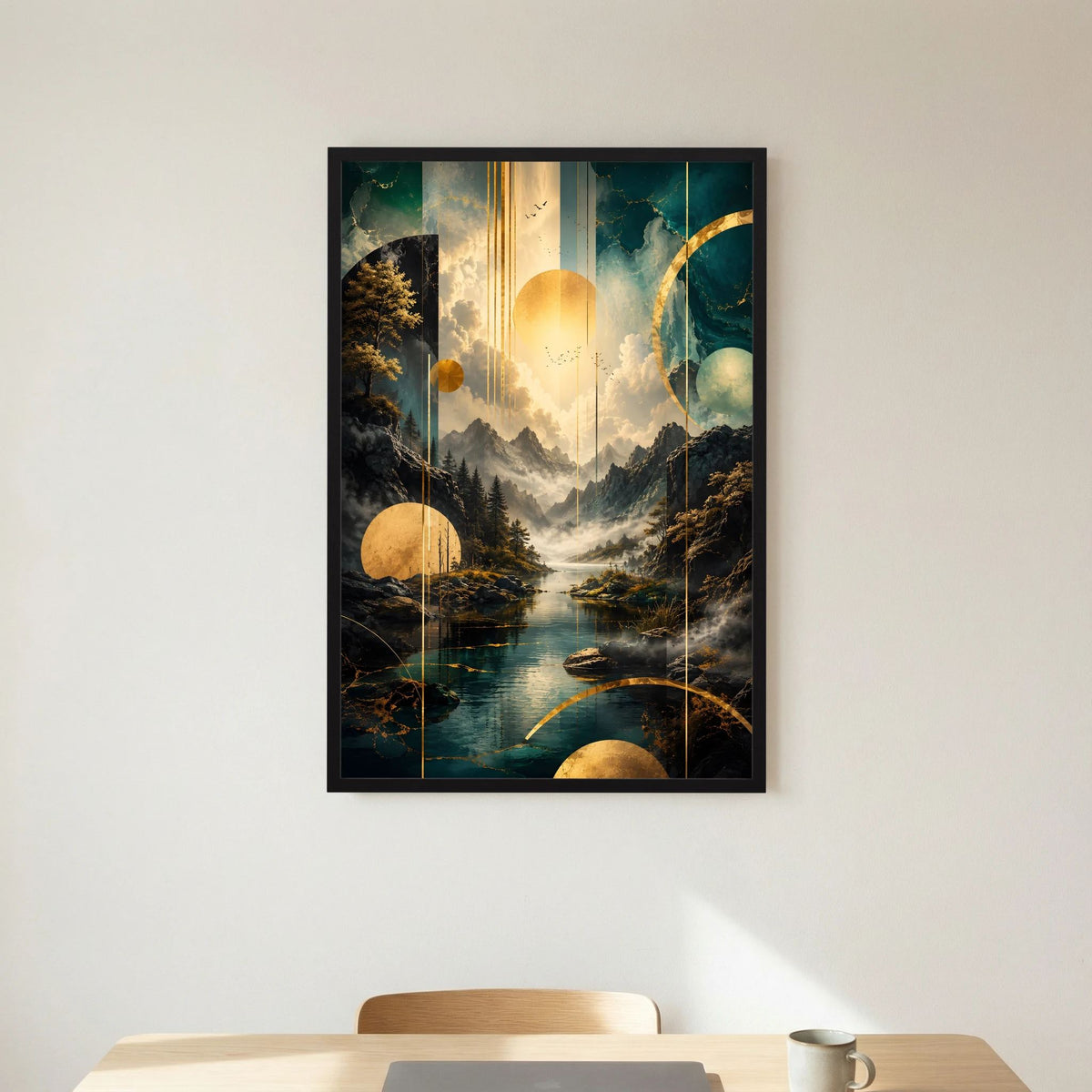 Poster im Hochformat mit schwarzem Rahmen, Berglandschaft mit goldenen Kreisformen.