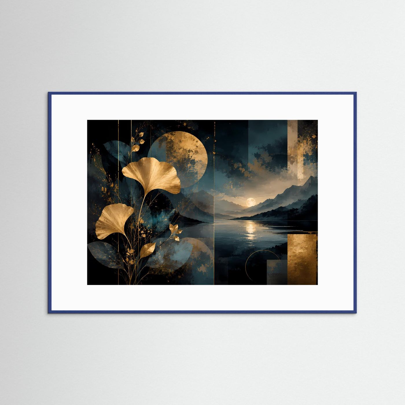 Querformat-Poster mit abstrakten Ginkgo-Blättern, Mond und See in Schwarz-Gold, mit blauem Rahmen.