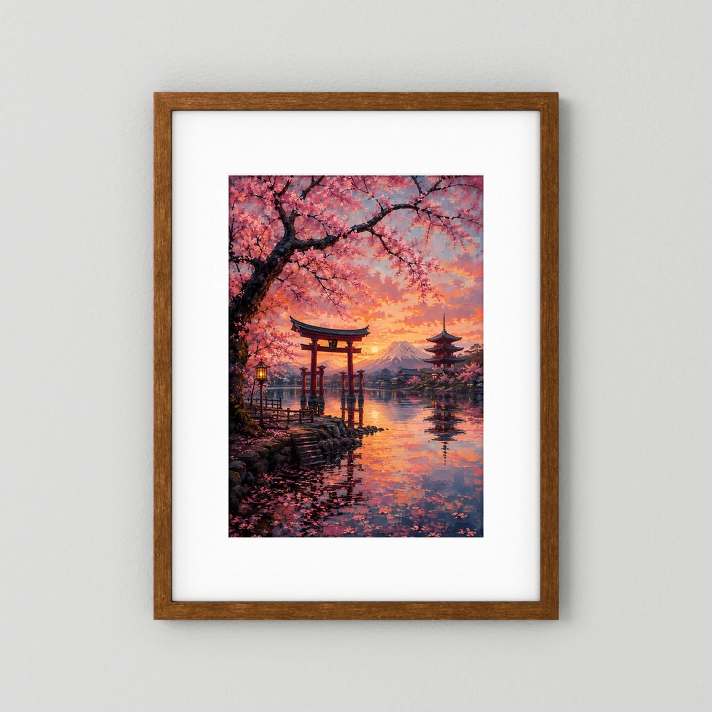 Hochformat-Poster mit Kirschblüten, Torii und Fuji im Sonnenuntergang, Holzrahmen braun