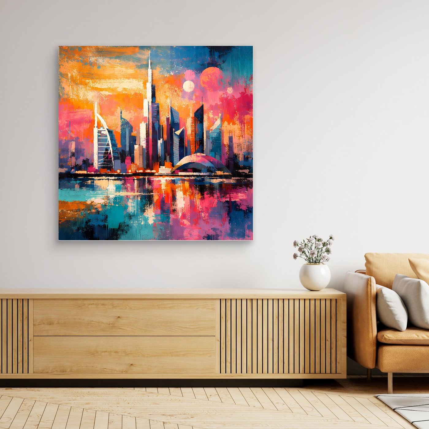 Leinwand-Wandbild mit Dubai-Skyline bei Nacht, kräftigen Farben und klarer Spiegelung