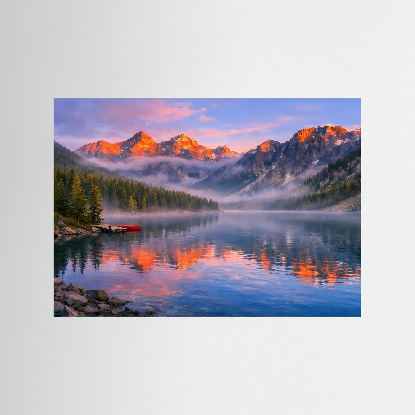 Wandbild mit Bergsee-Landschaft, blauer Rahmen