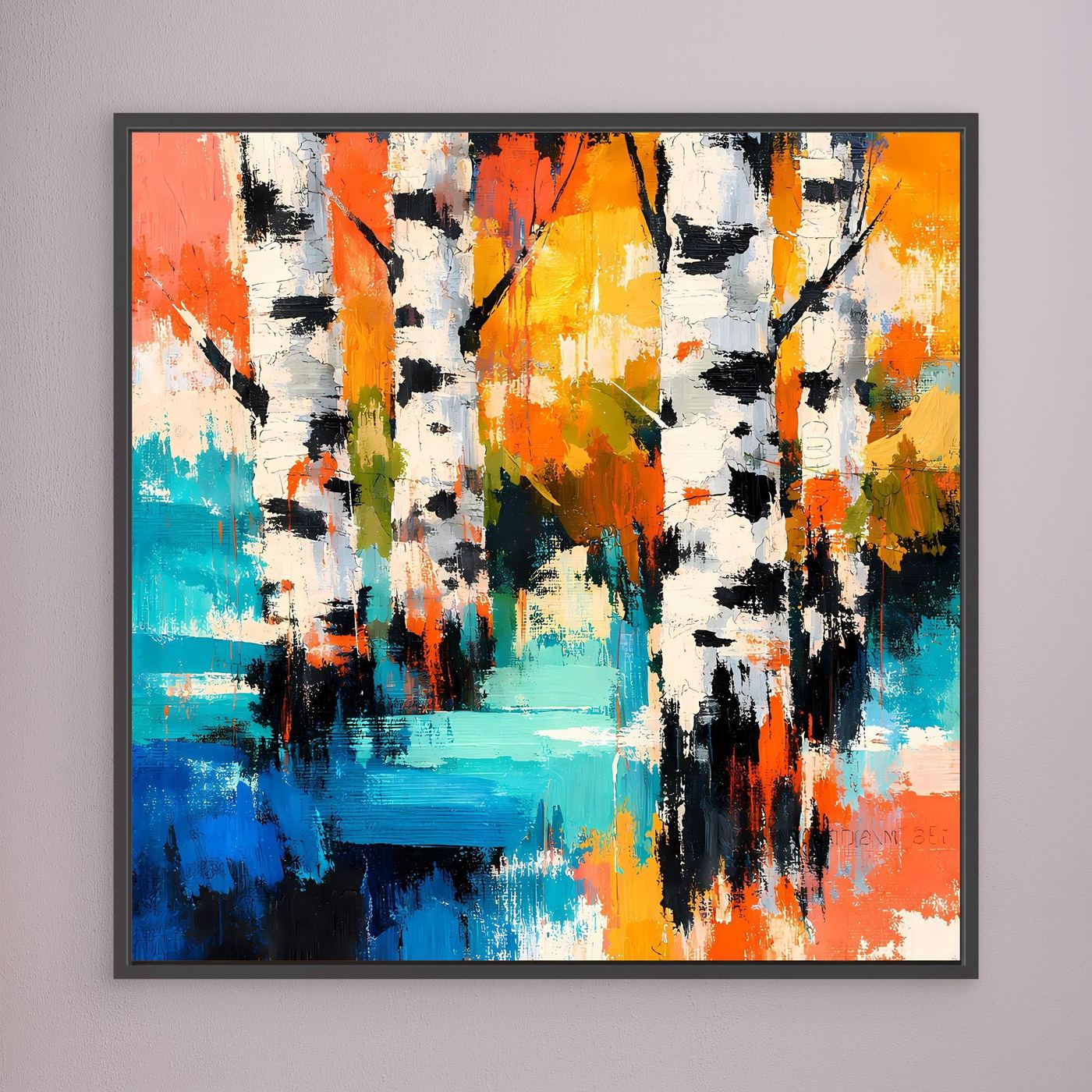 Abstract birch forest canvas wall art, colorful vertical strokes, black frame