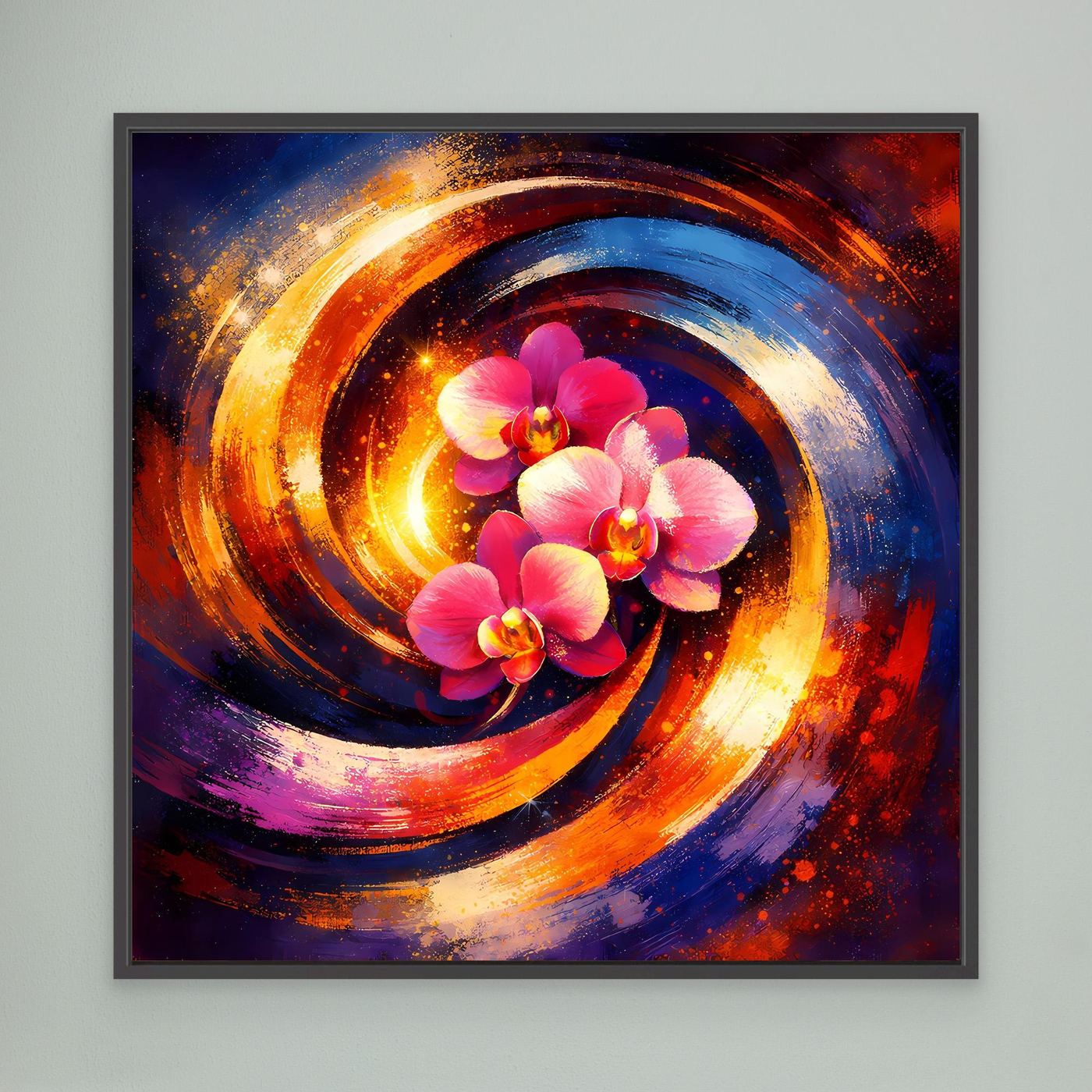 Abstraktes Leinwandbild mit pinken Orchideen und rot-blauen Spiralen, schwarz gerahmt