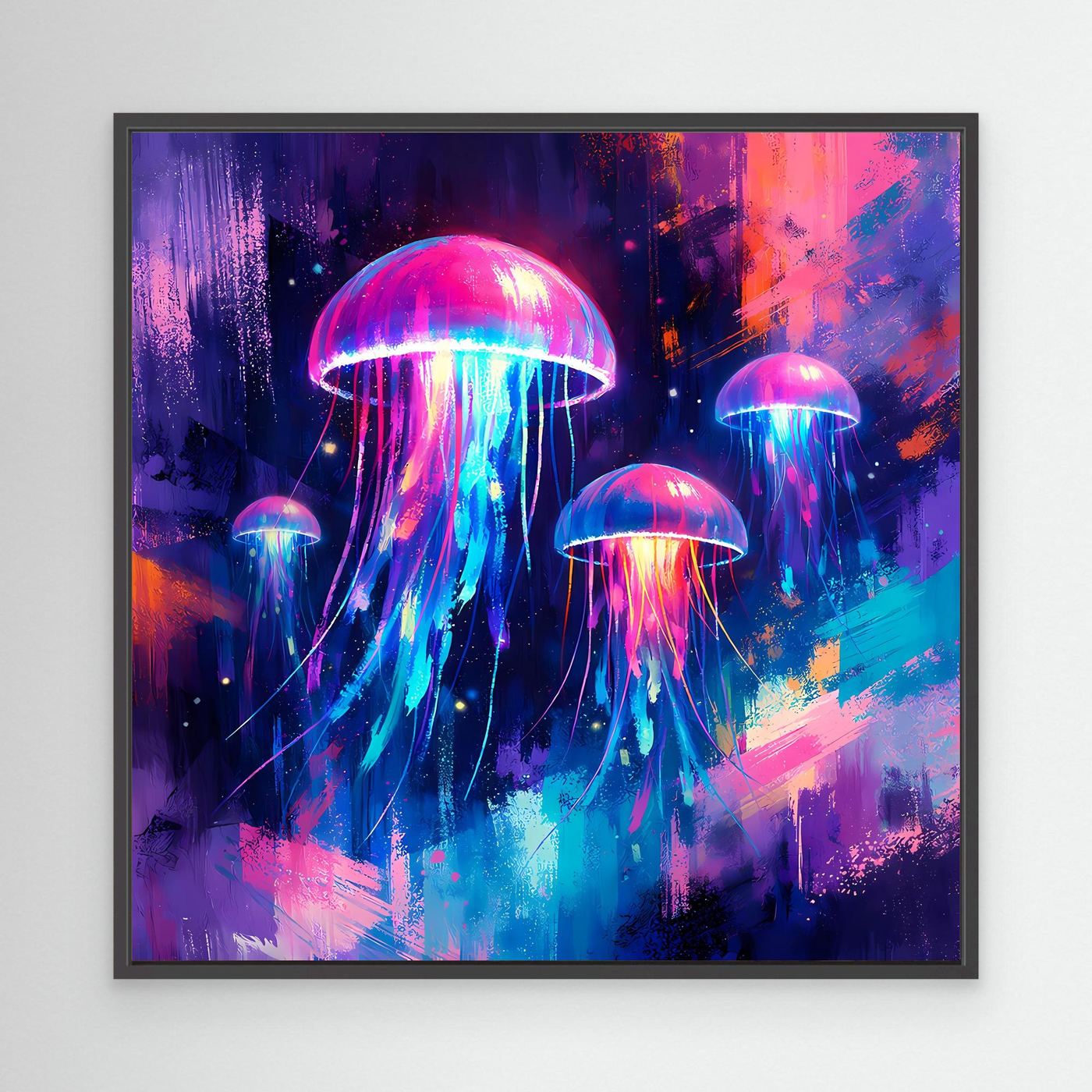 Leinwand Magische Leuchtquallen im Tiefsee-Ozean | Abstraktes Neon Wandbild