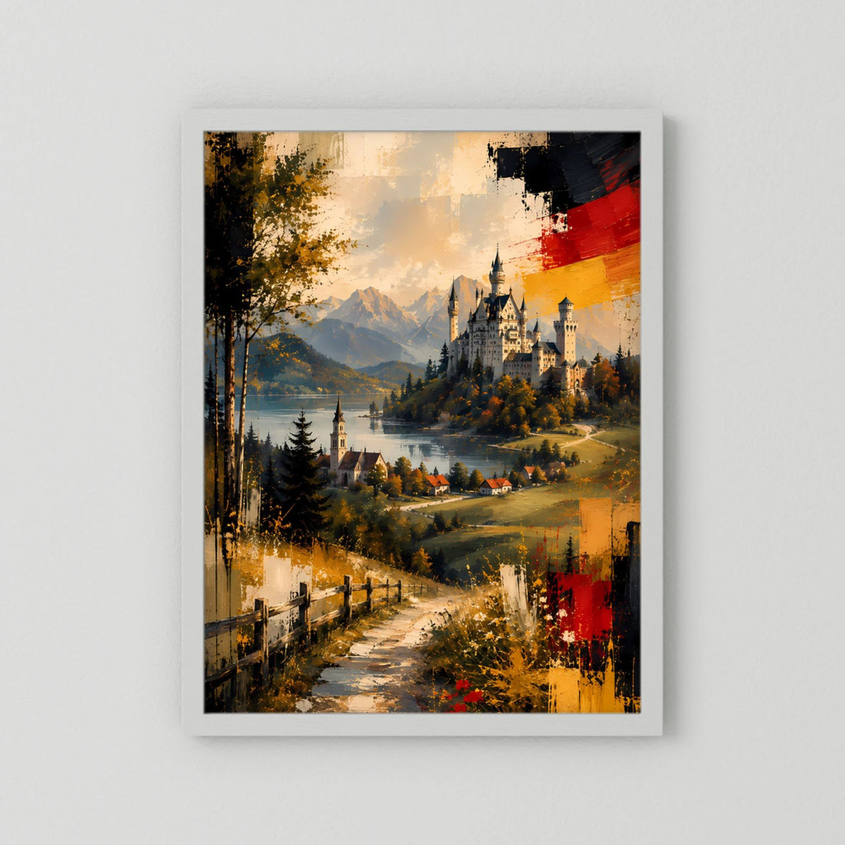Kunstposter im Hochformat mit hellem Rand: abstrakte Alpenlandschaft mit Schloss, Weg und roten Spritzern