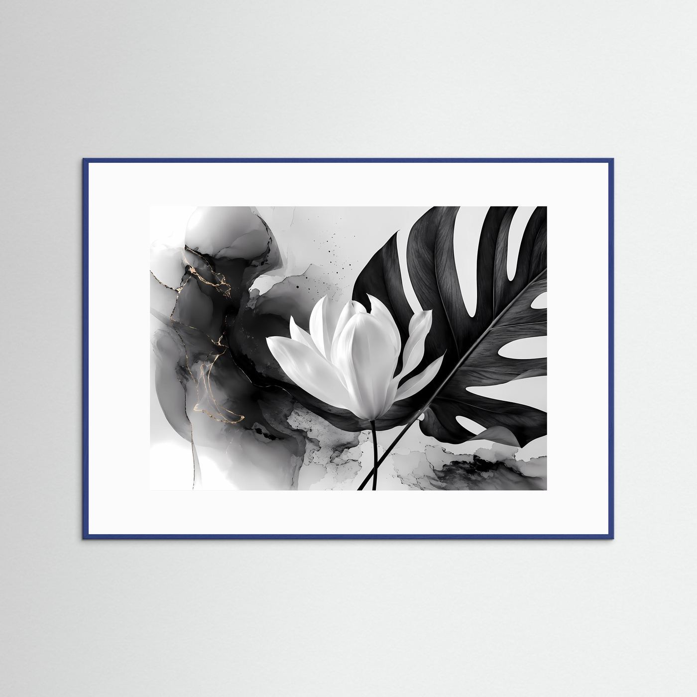 Schwarz Weiß Lotus Poster | Monstera Botanical Wandkunst | Minimalistische Blumen Kunst | Moderne Leinwand | Monochrome Natur mit Goldakzenten