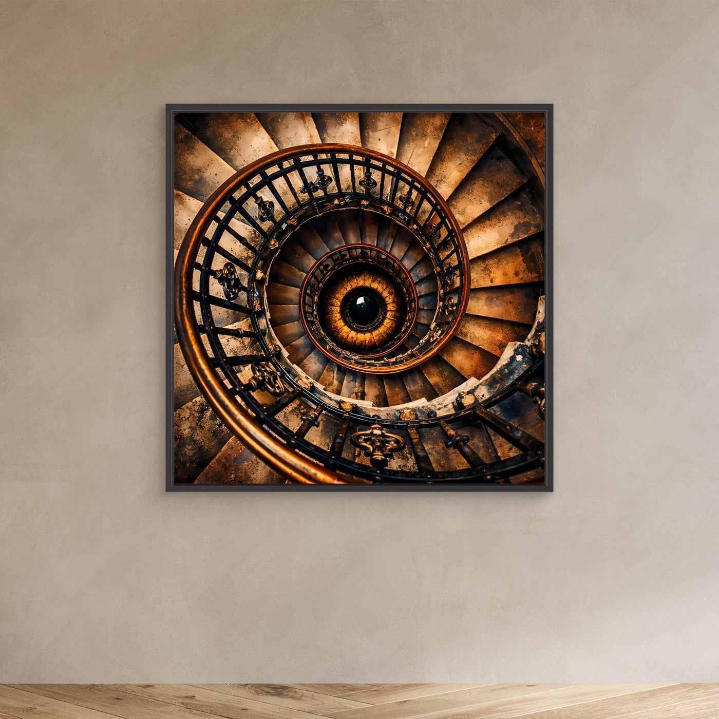 Leinwandbild historisches Wendeltreppenmotiv mit schwarzem Rahmen, rundes Treppenauge