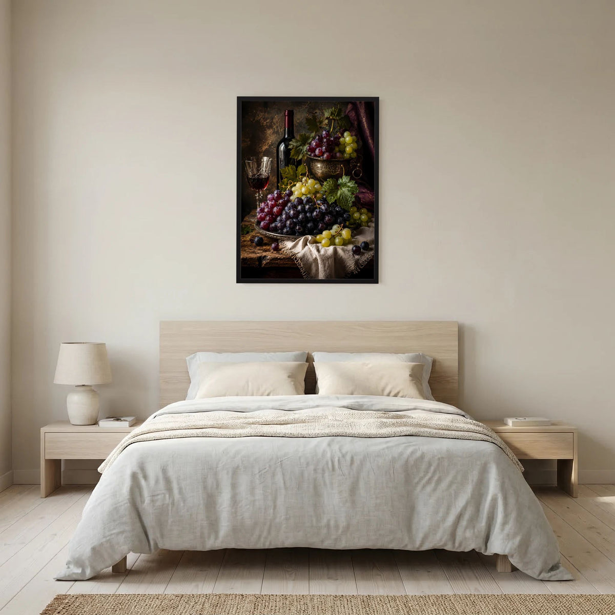 Gerahntes Poster im Hochformat mit Weinflasche, Weinglas und Trauben