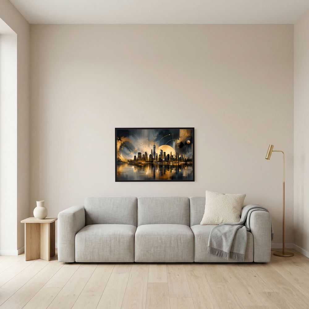 Wandposter im Querformat mit New-York-Skyline in Schwarz und Gold, Spiegelung auf Wasser, schwarzer Rahmen