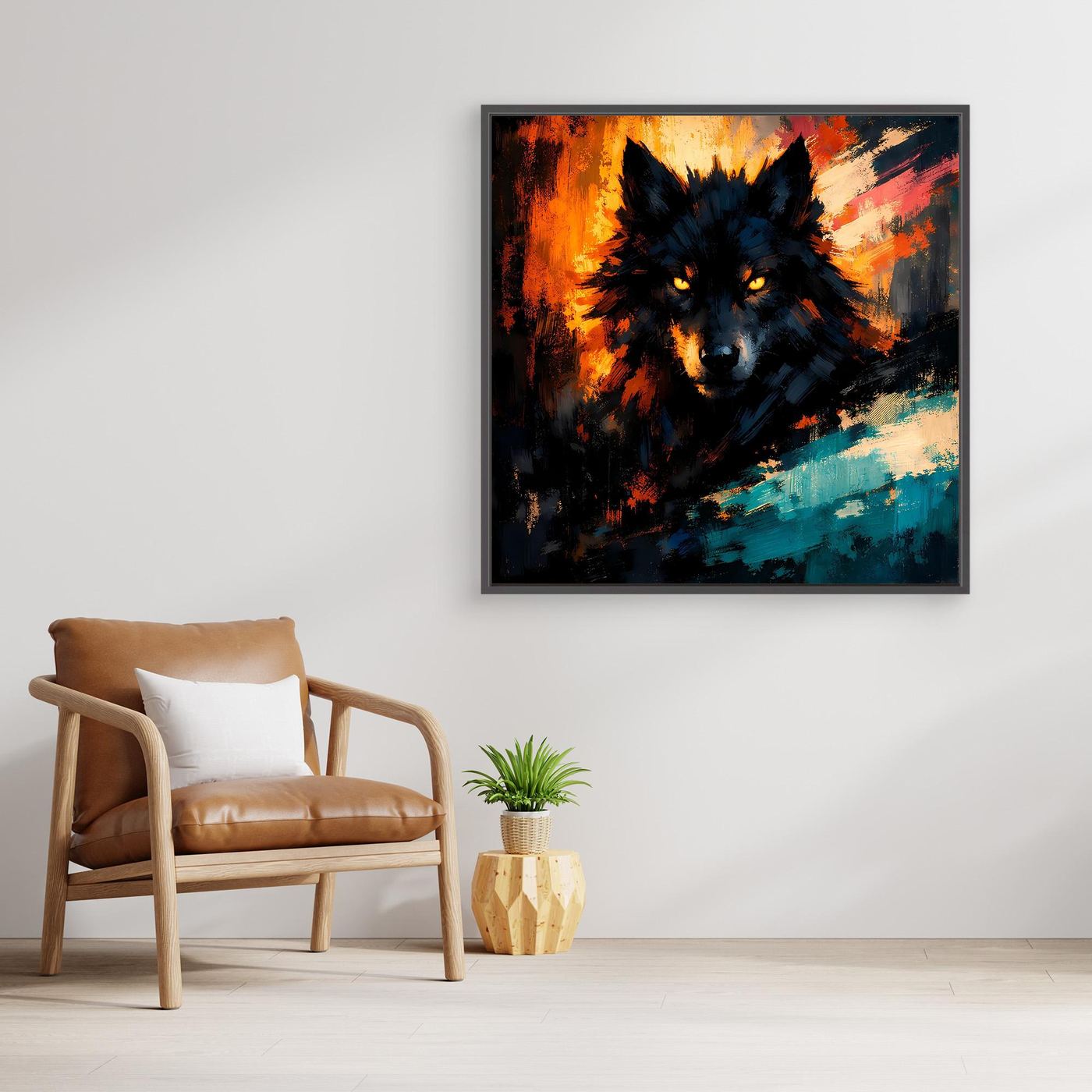 Gerahmtes Leinwandbild mit dunklem Wolf im Feuerschein, orange und türkis, dunkler Rahmen