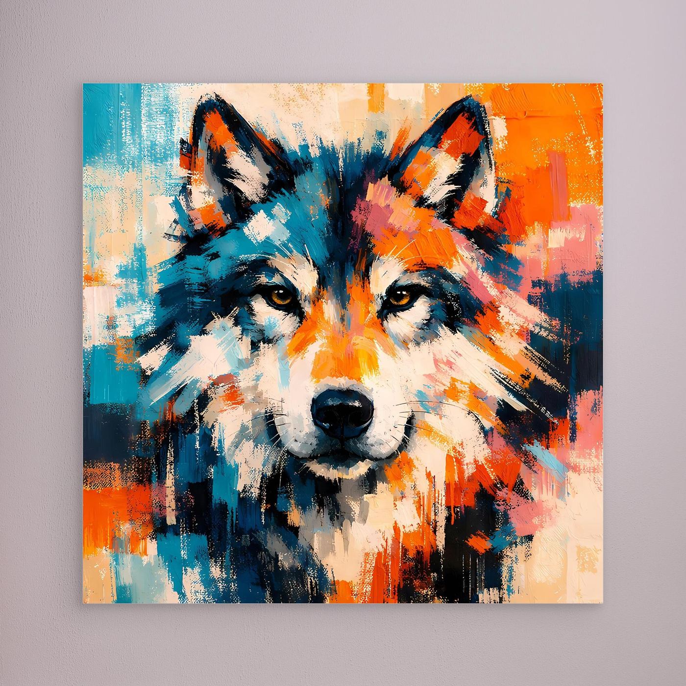 Abstract wolf face canvas print with blue and orange paint splashes