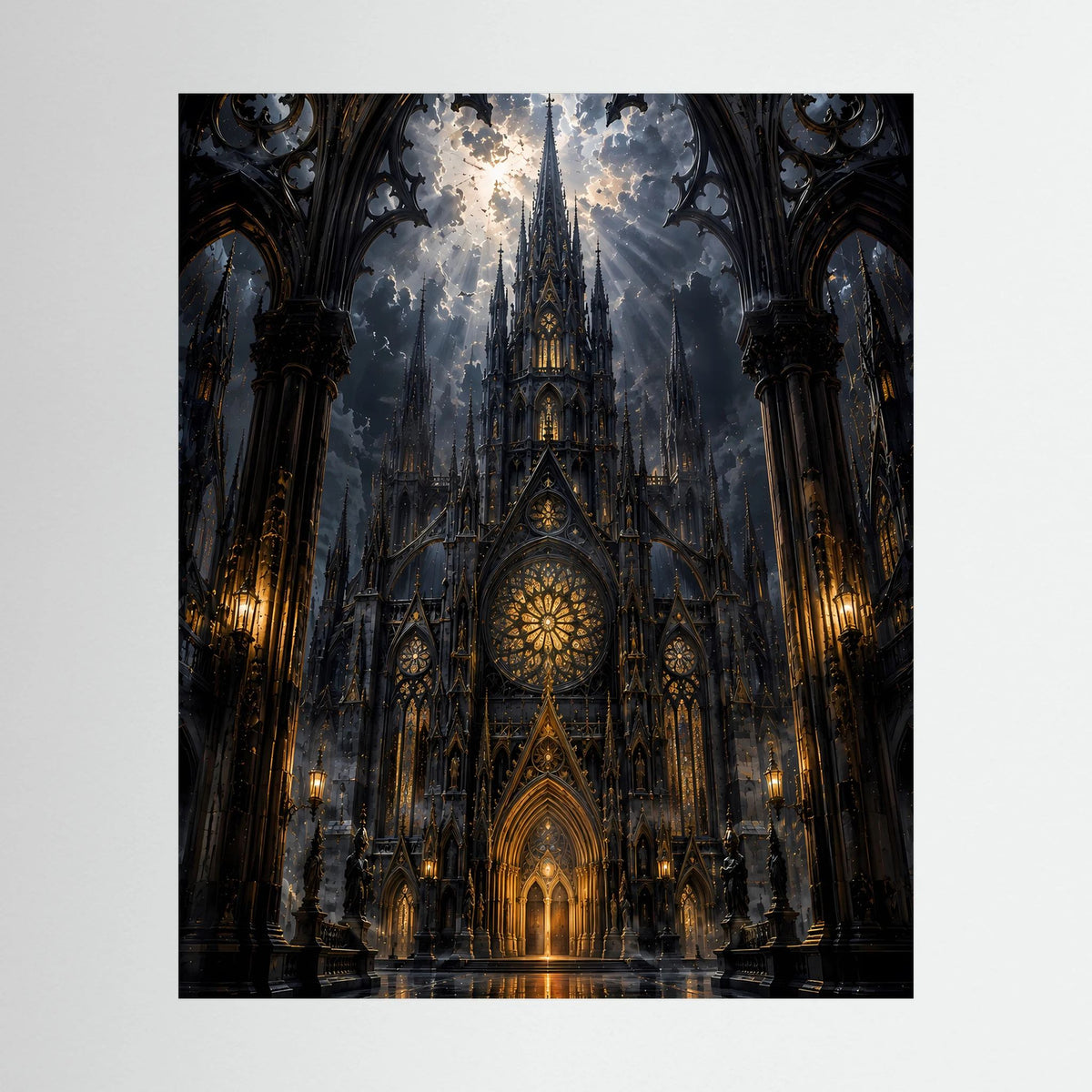 Hochformatiges Poster mit gotischer Kathedrale in Schwarz und Gold, im schwarzen Rahmen