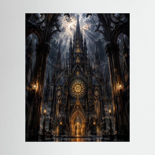 Hochformatiges Poster mit gotischer Kathedrale in Schwarz und Gold, im schwarzen Rahmen
