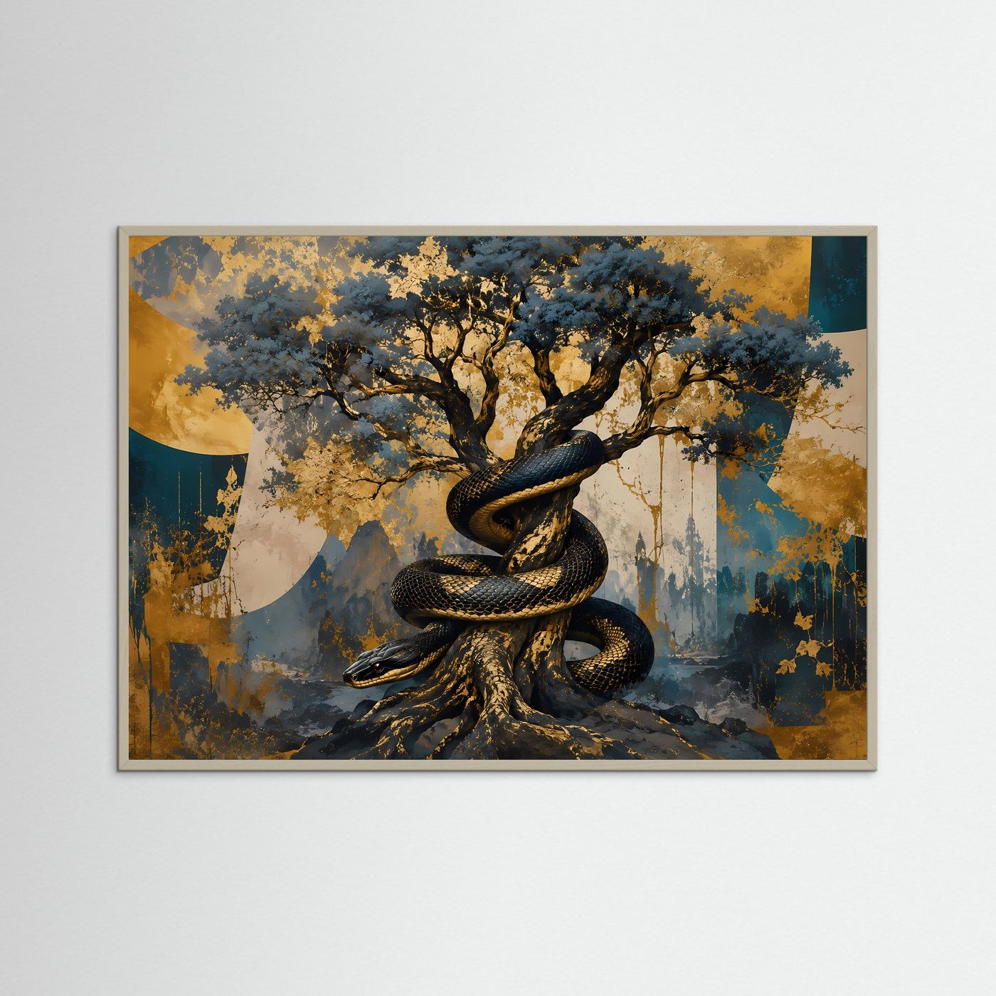 Mystische Schlange am Lebensbaum | Modernes Natur- & Fantasy-Poster Querformat