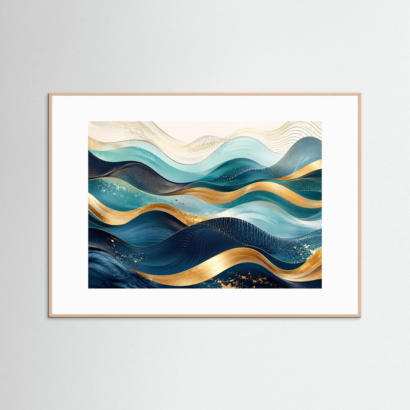 Abstrakte Wellen Poster Querformat | Moderne Wandkunst in Blau, Türkis & Gold | Elegantes Panorama Wandbild