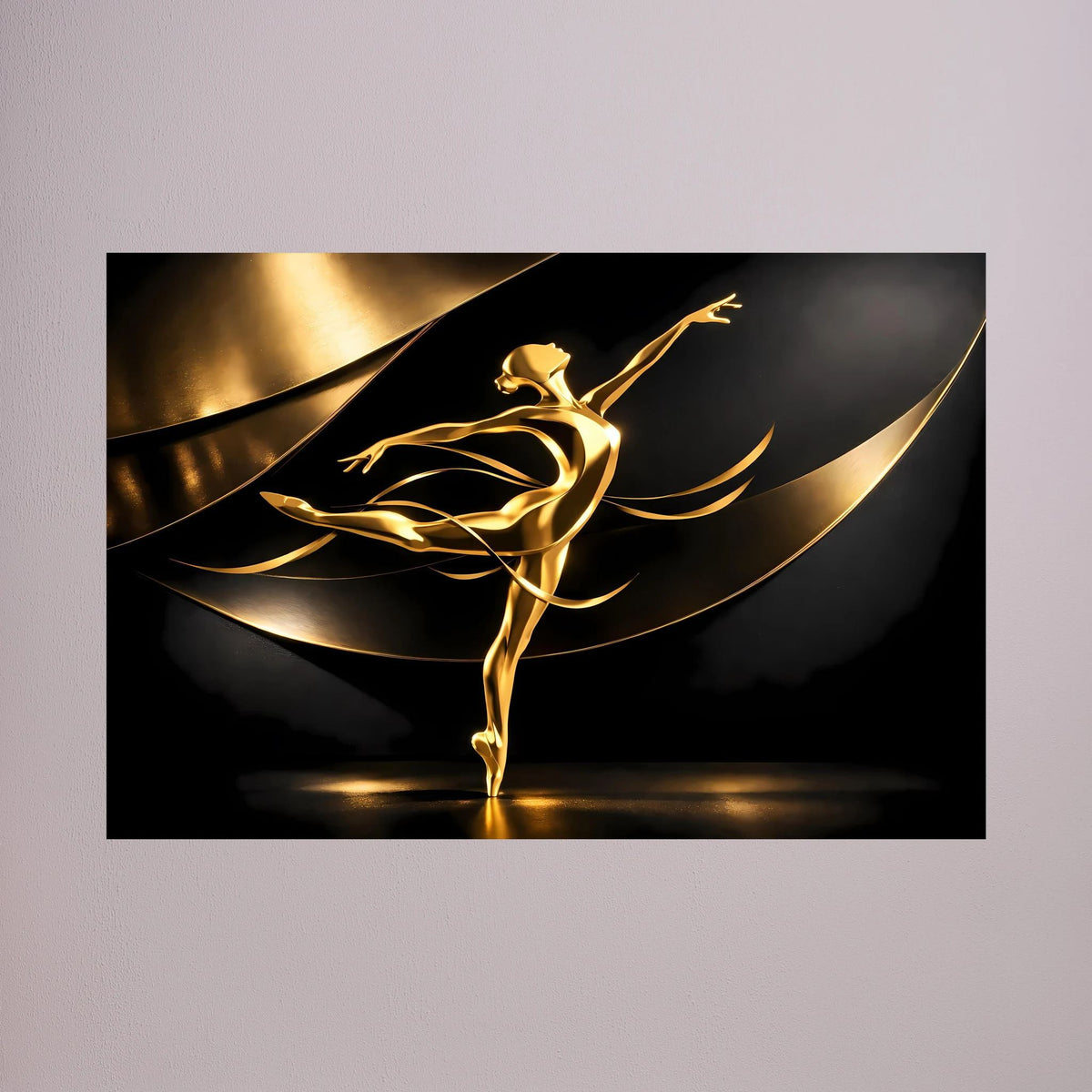 Close-up Wandbild: goldene Ballerinafigur in fließenden Linien auf dunklem Grund.