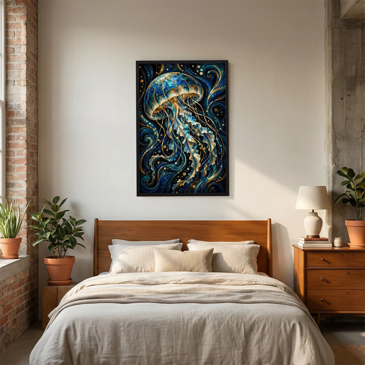 Poster im schwarzen Rahmen mit Mosaik-Quallen in Blau und Gold