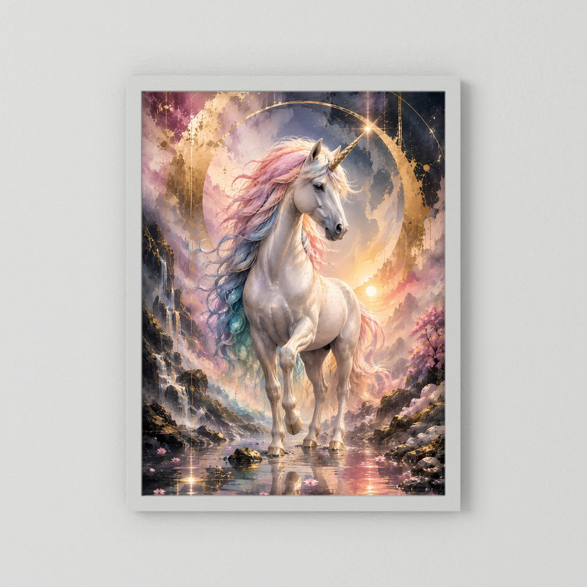 Einhorn-Poster im Hochformat: graues Pferd mit pastellfarbener Mähne und goldenen Lichtern