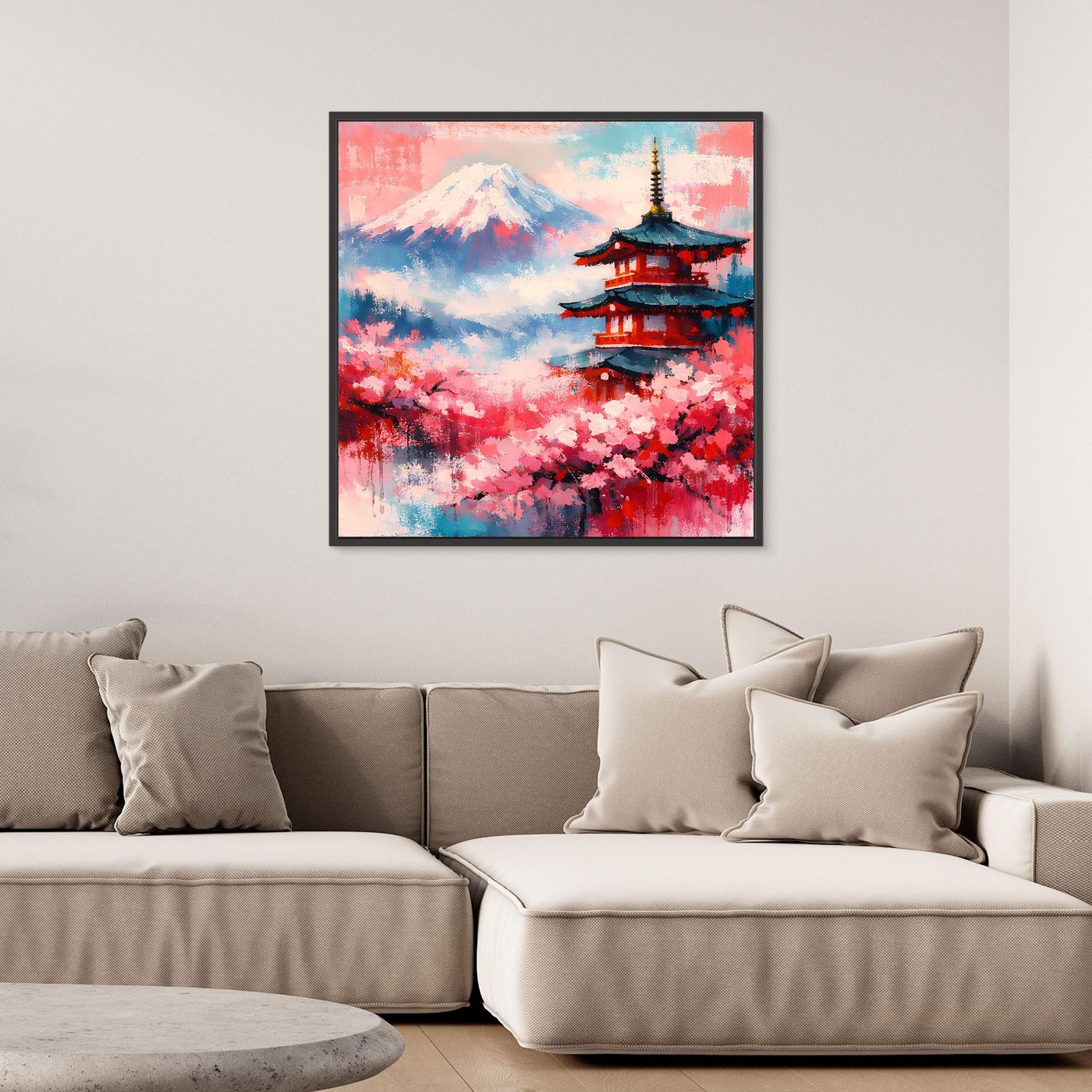 Leinwand-Wandbild mit schwarzem Rahmen: Mount Fuji, Pagode und Kirschblüten, abstrakt