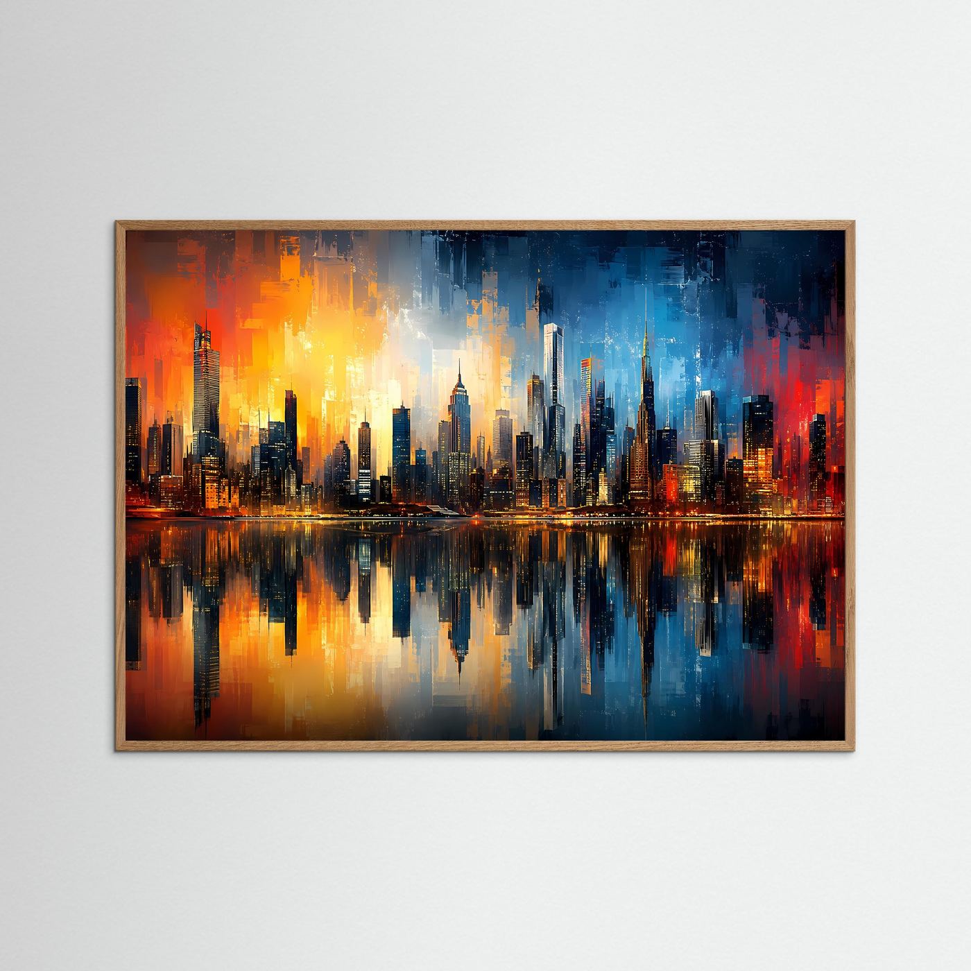 Abstrakte Skyline in Blau & Gold | Moderne City Panorama Kunst Poster Querformat