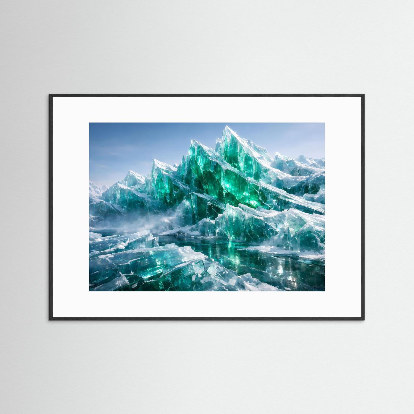 Wandbild mit smaragdgrünen Eisbergen im weißen Rahmen
