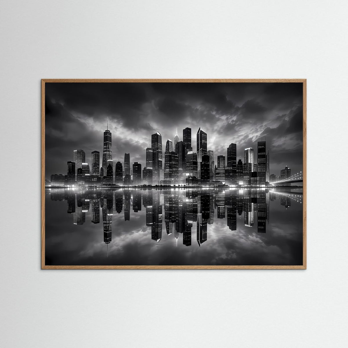 Stadtbild-Poster in Schwarzweiß mit Skyline und Spiegelung; brauner Holzrahmen.