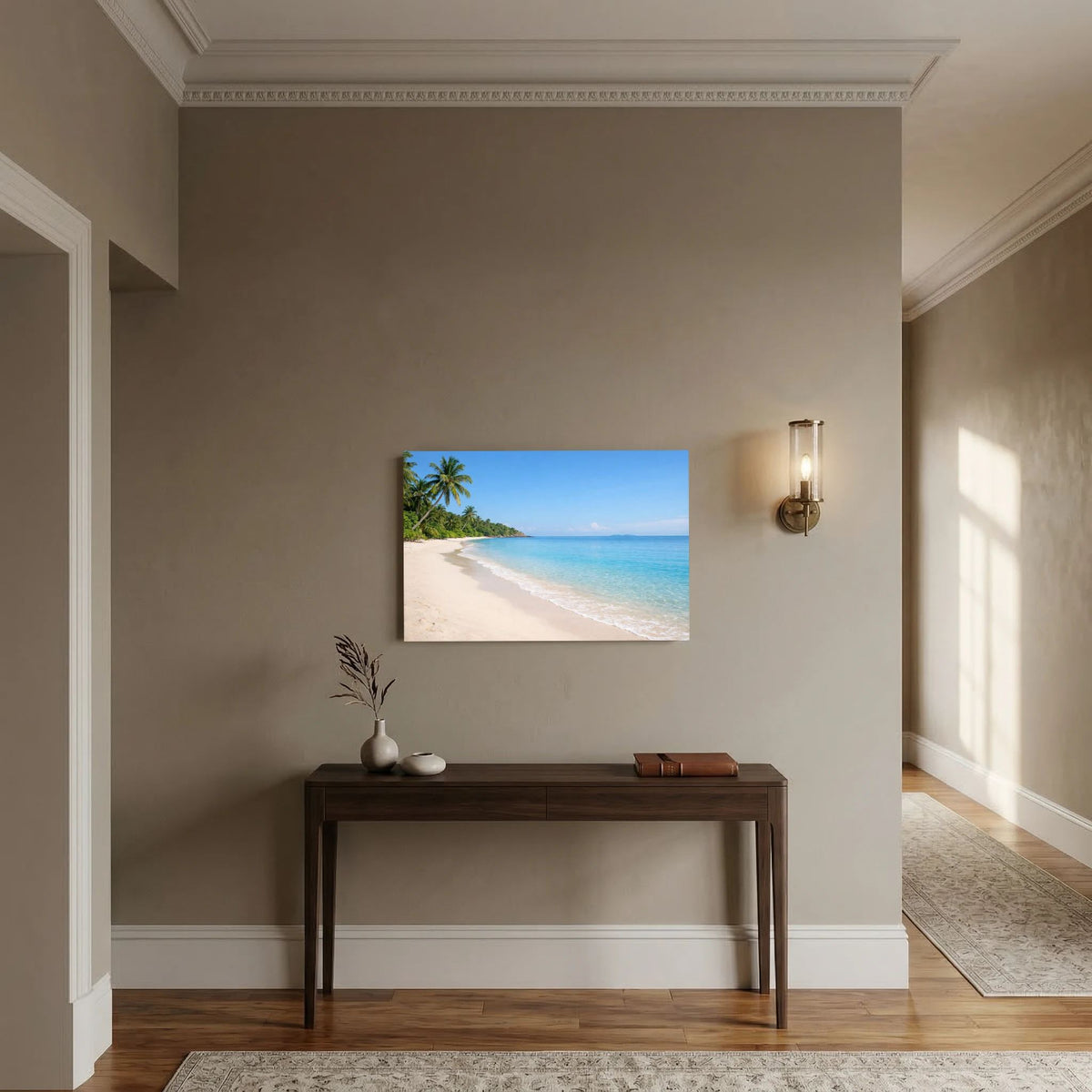 Querformat-Wandbild mit tropischem Strand und Palmen, ohne sichtbaren Rahmen