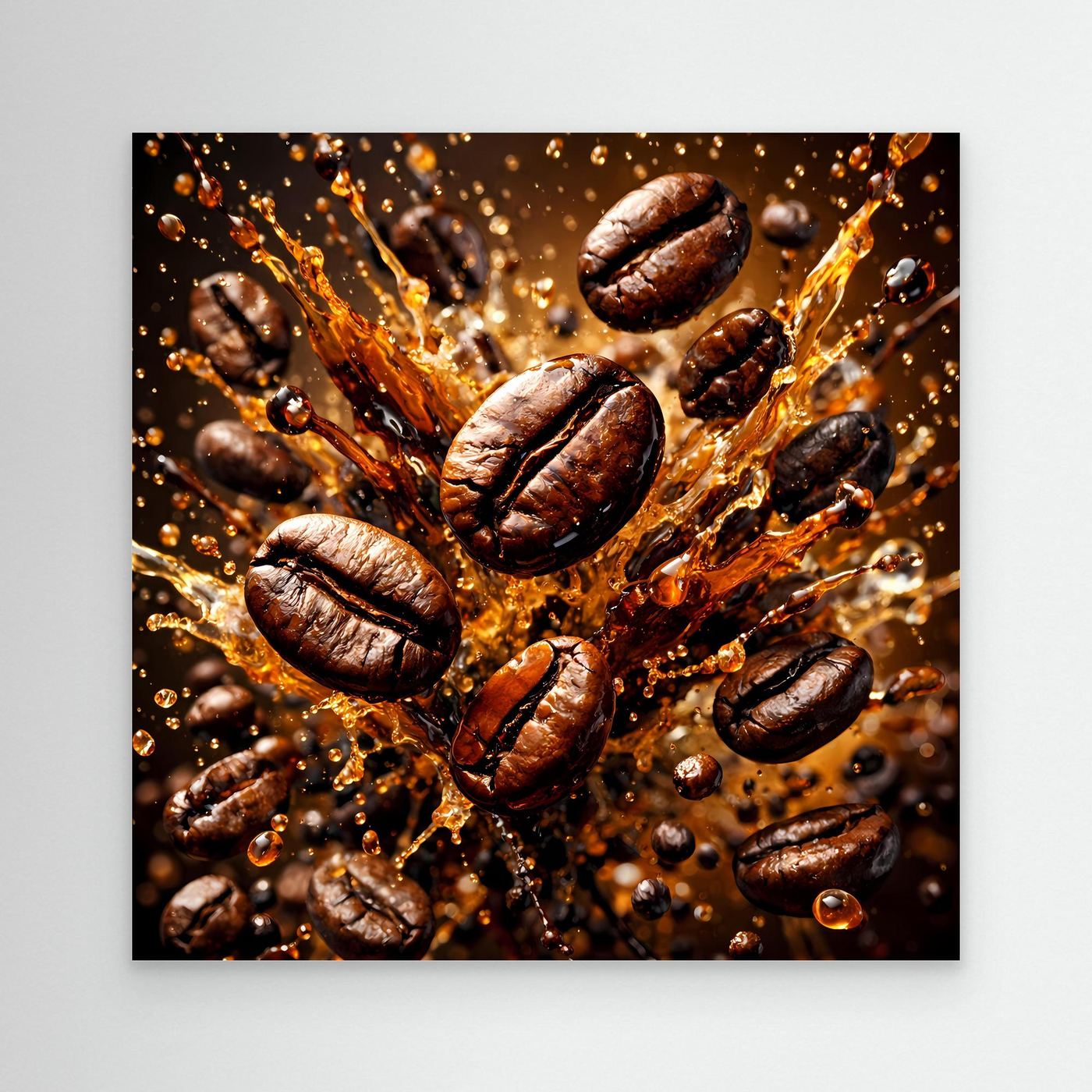 Leinwandbild mit Kaffeebohnen-Splash, ohne Rahmen, braun-goldenes Spritzmotiv