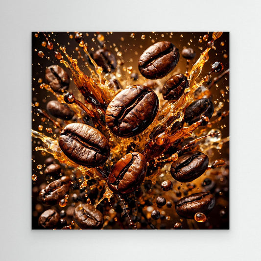 Leinwandbild mit Kaffeebohnen-Splash, ohne Rahmen, braun-goldenes Spritzmotiv
