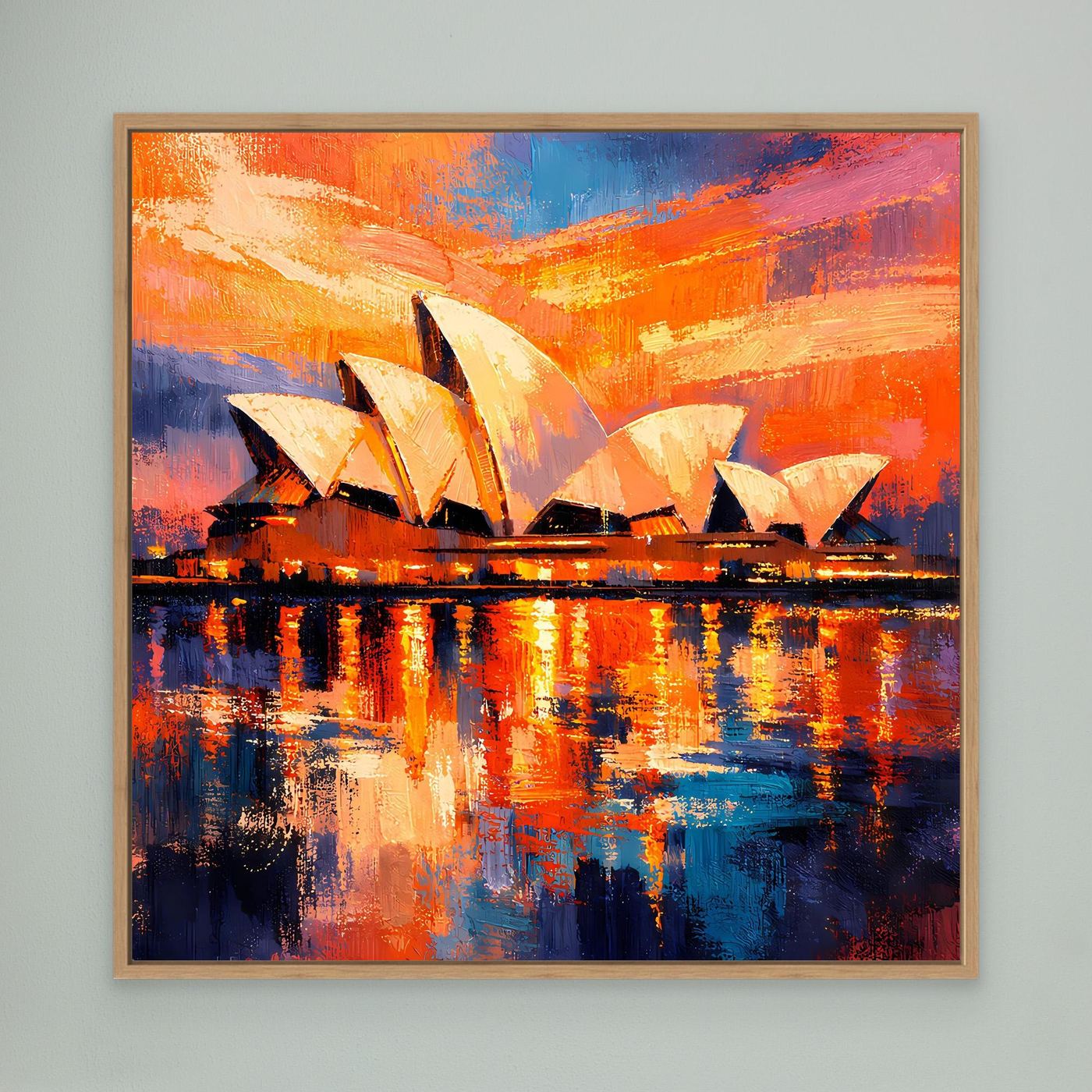 Abstraktes Leinwandbild mit Sydney Opera House im Abendrot im Eichenrahmen