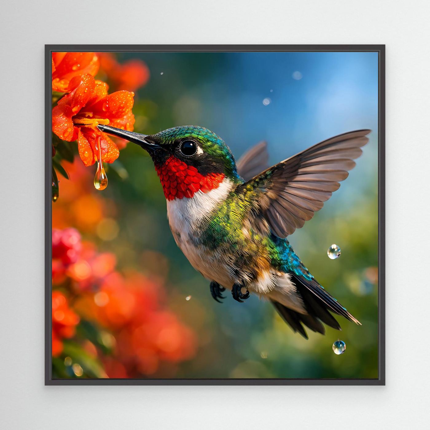 Leinwand Kolibri im Blütenrausch | Farbenfrohes Vogel Natur Wandbild