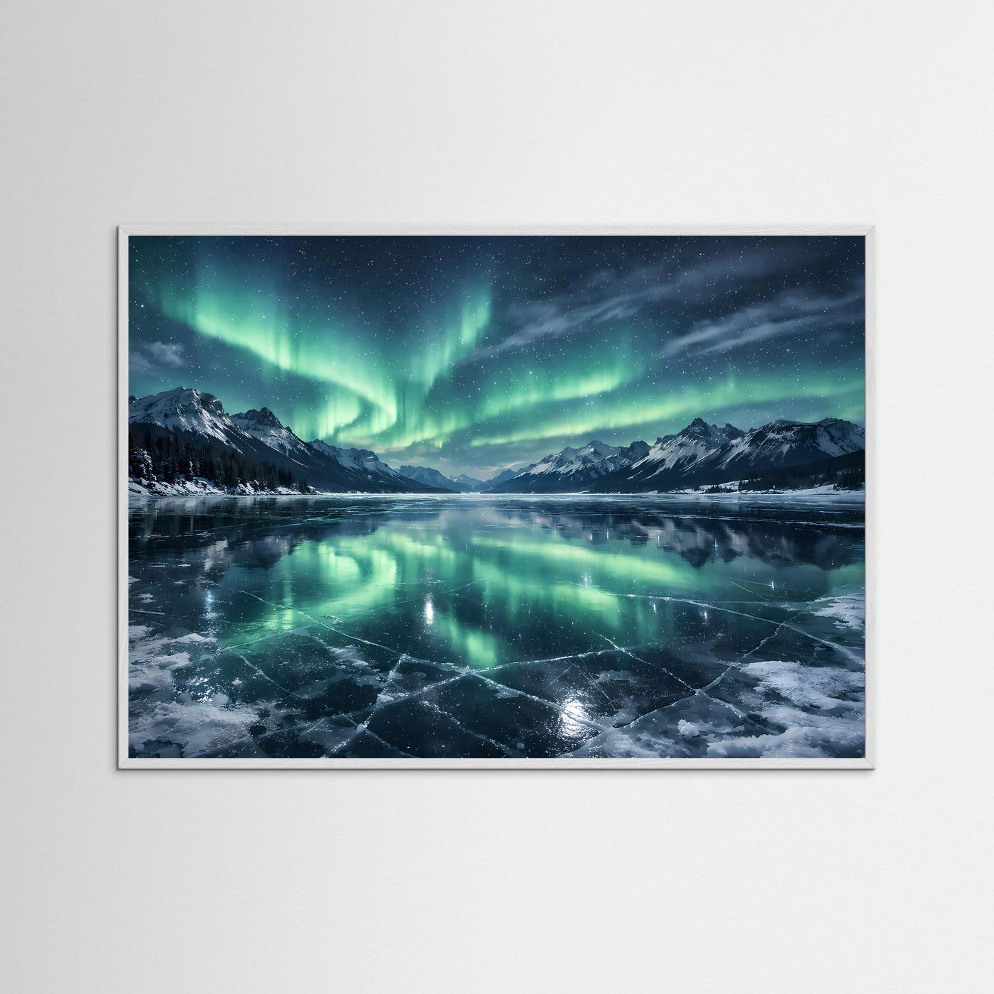 Magisches Nordlicht über dem Eissee | Panorama Aurora & Winter Poster Querformat