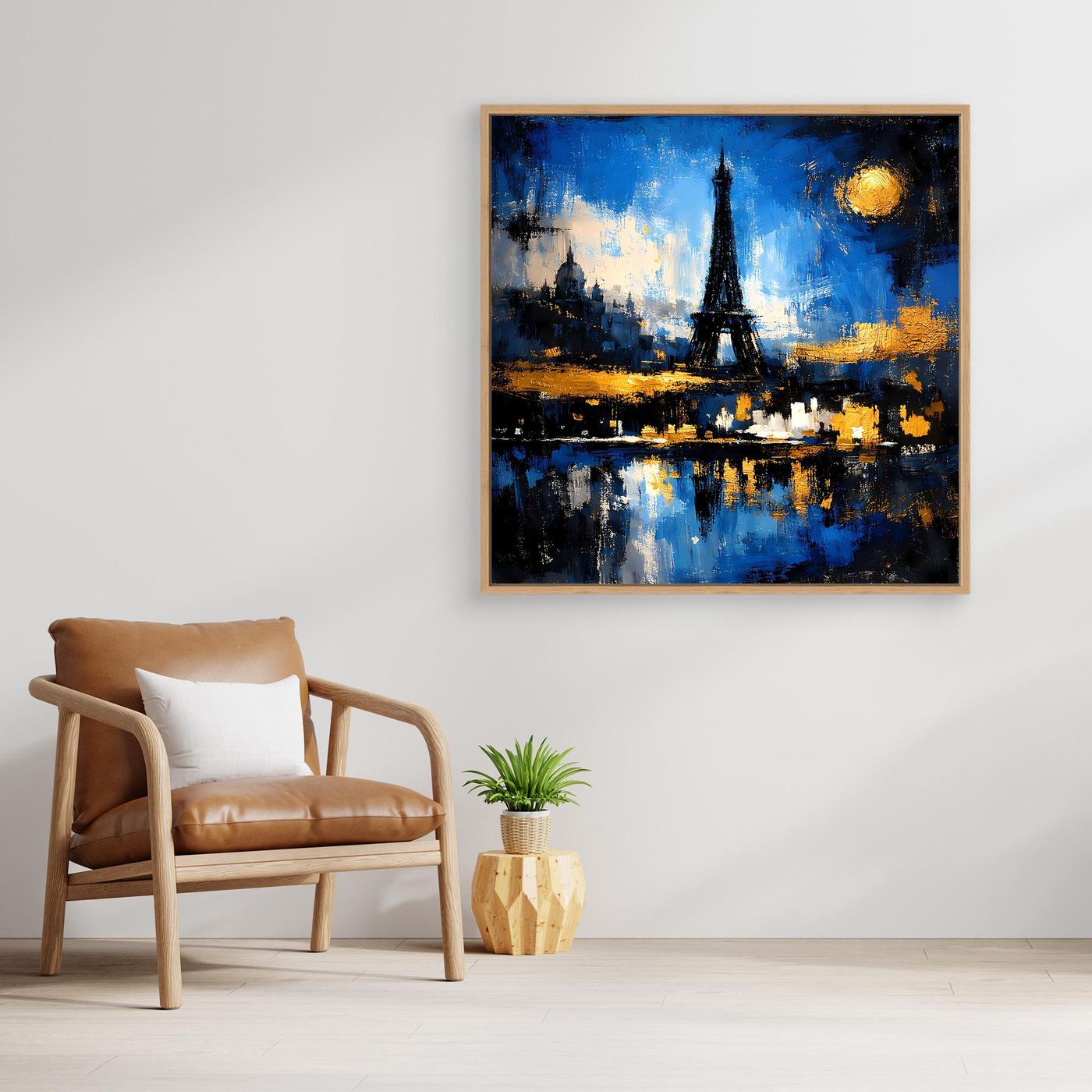 Gerahmtes Leinwandbild mit Eiffelturm-Motiv, blauem Himmel und gelbem Mond