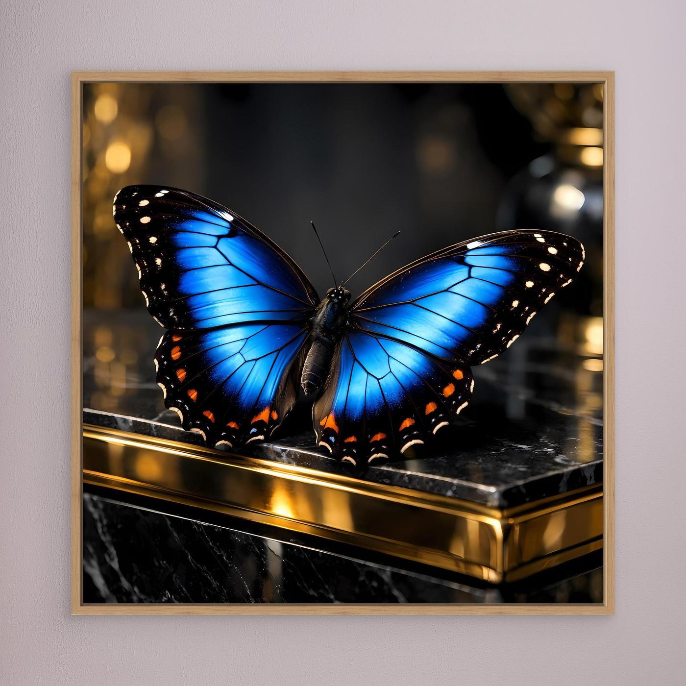 Leinwand-Wandbild: blauer Schmetterling, Eichenrahmen
