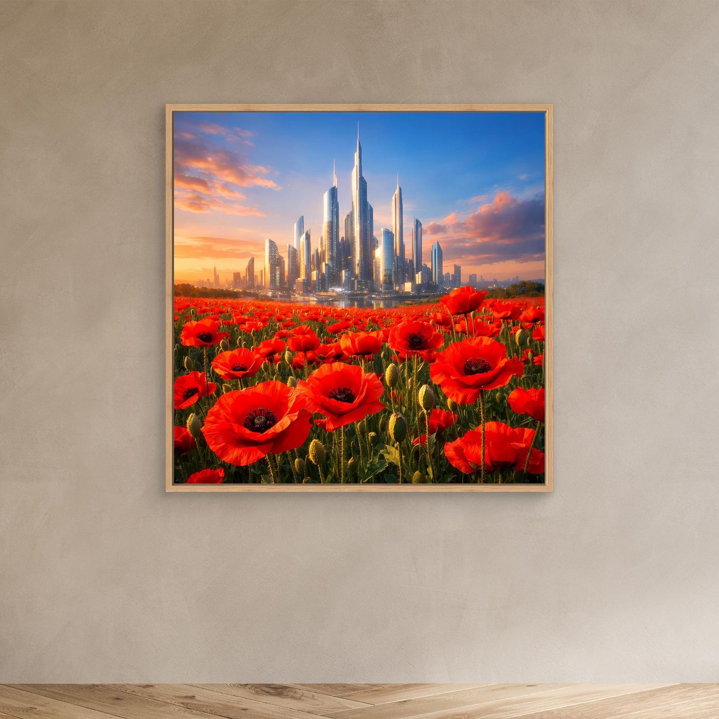 Leinwandbild mit roten Mohnblumen und futuristischer Skyline im Eichenholzrahmen