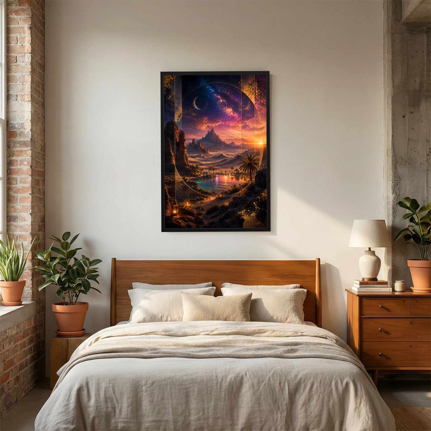 Hochformat-Poster im schwarzen Rahmen mit Wüstenoase, Mondsichel und Sonnenuntergang.