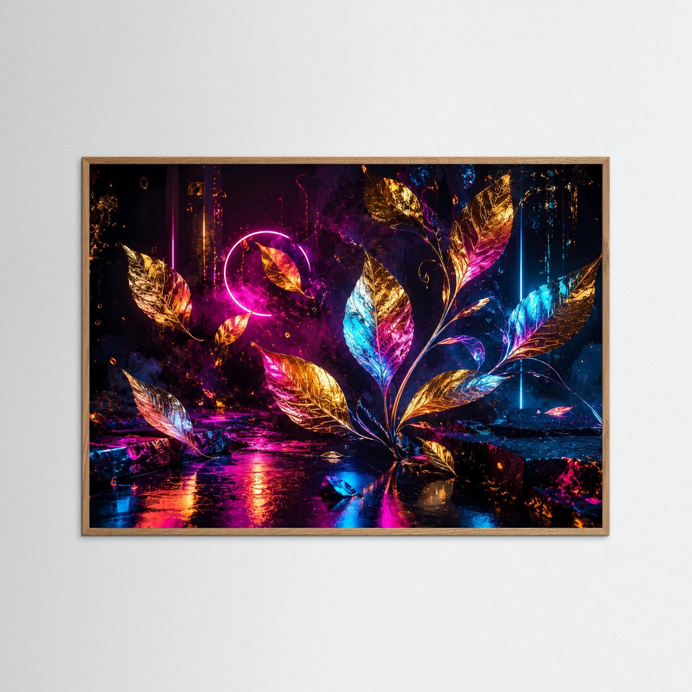 Abstrakte Goldene Blätter in Neonfarben | Modernes Botanik Poster Querformat