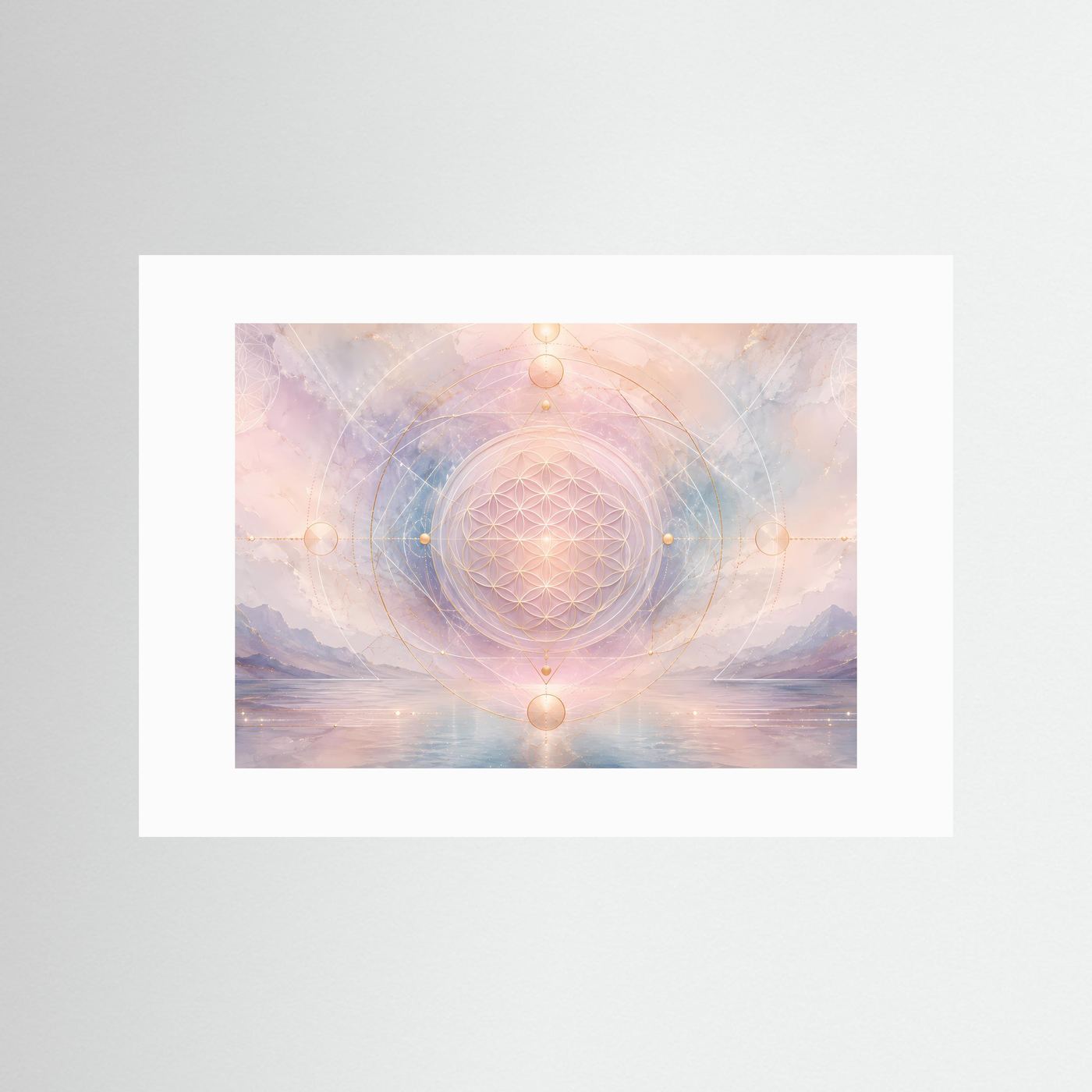 Poster mit Blume-des-Lebens-Mandala in Pastellrosa und Blau, mit weißem Rand.