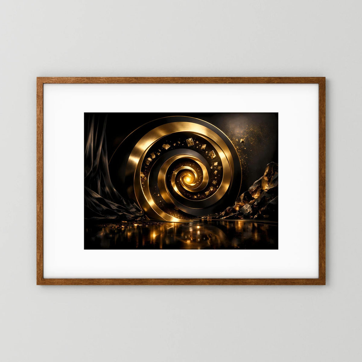 Wandbild im Querformat mit goldener 3D-Spirale, hellem Holzrahmen und weißem Passepartout