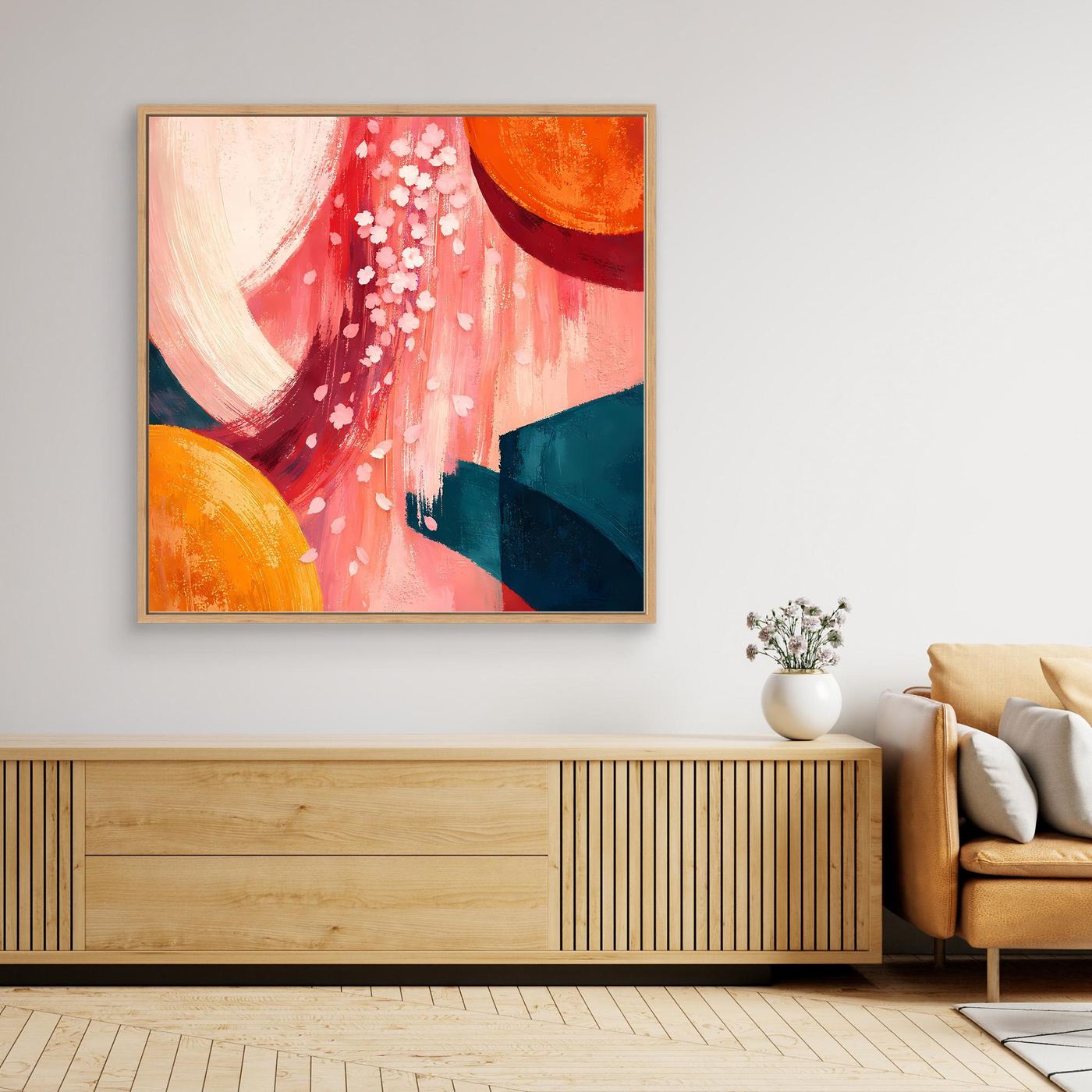 Abstraktes Leinwandbild mit Kirschblüten, Rot und Blau, im braunen Rahmen über Sideboard
