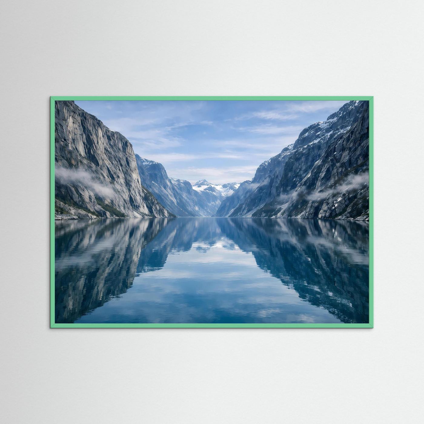 Wandposter mit Fjordlandschaft, grüner Rahmenleiste