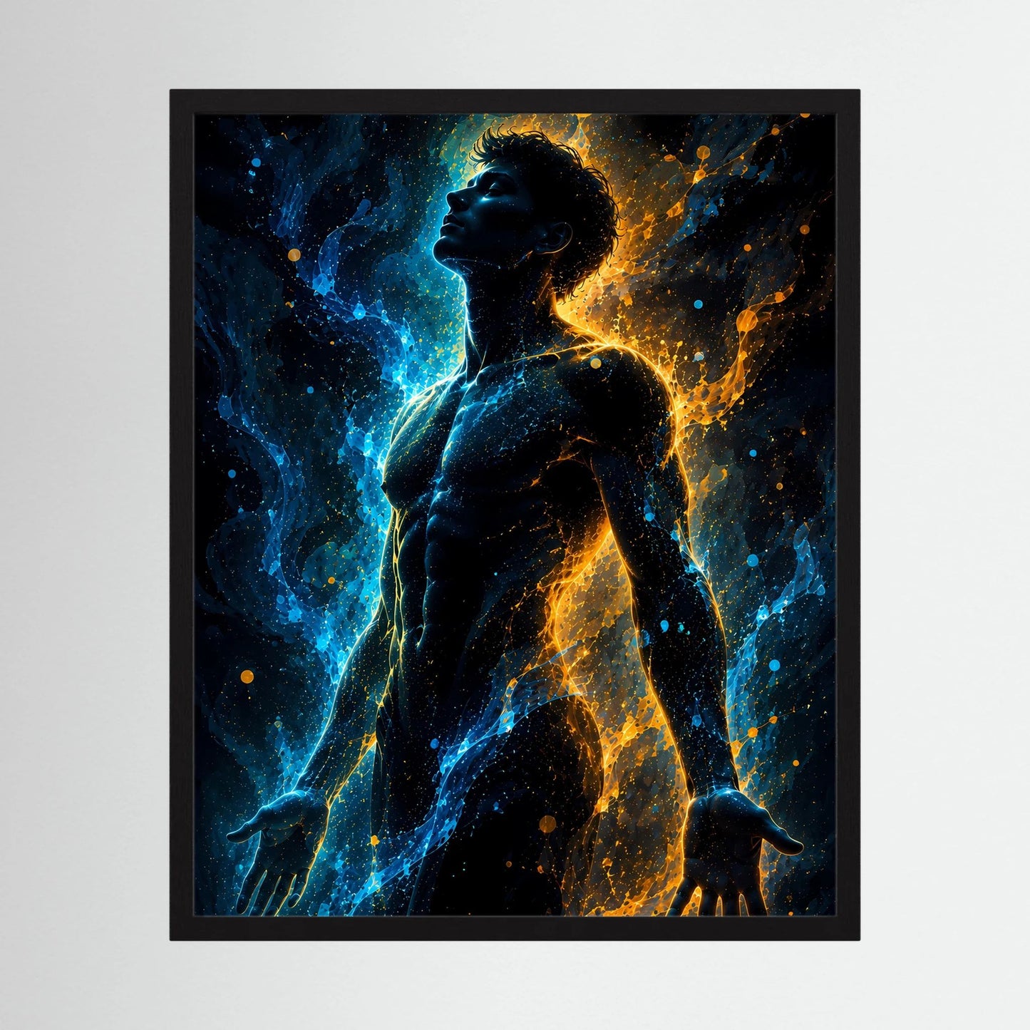 Poster mit männlicher Silhouette in Blau und Gold, im schwarzen Rahmen