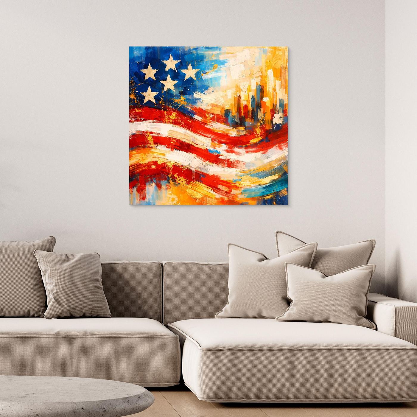 Unrahmiges Leinwandbild mit abstrakter US-Flagge und Skyline, Rot-Blau-Gelb