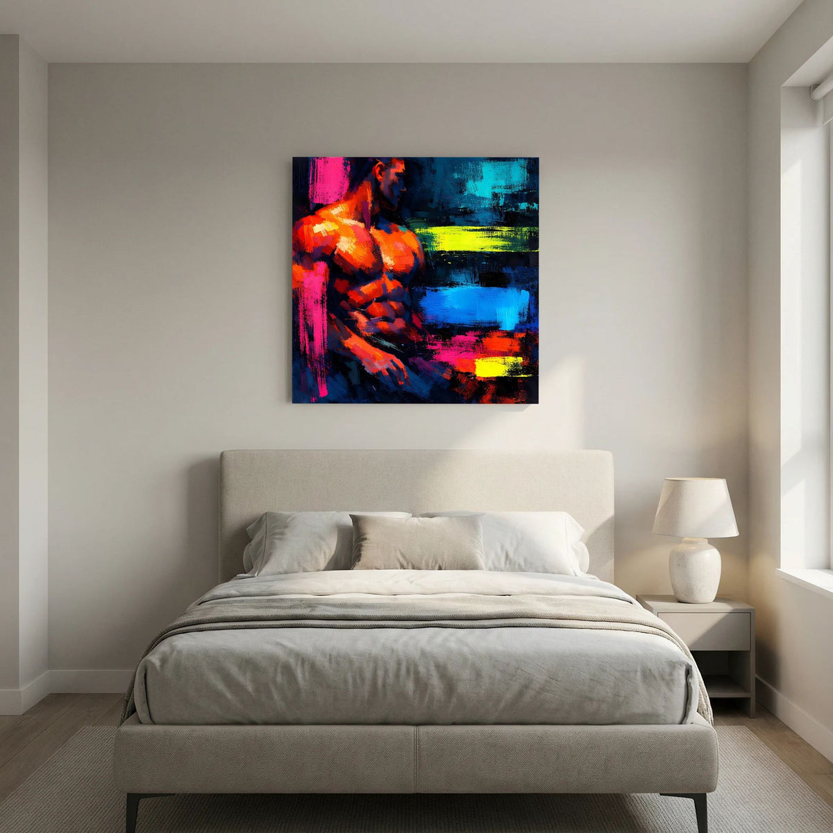 Leinwandbild mit abstraktem männlichem Torso, neon-orange und pink vor blauem Pinselstrichhintergrund