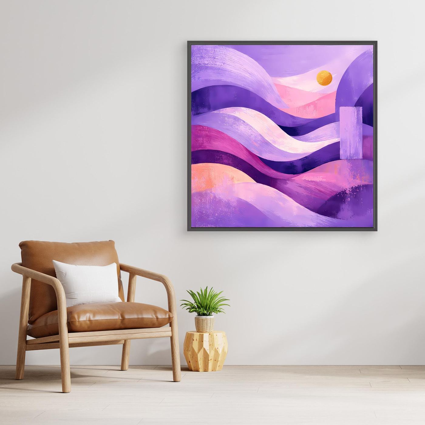 Quadratisches Leinwand-Wandbild mit abstrakten Dünen in Lila und Pink, dunkler Rahmen
