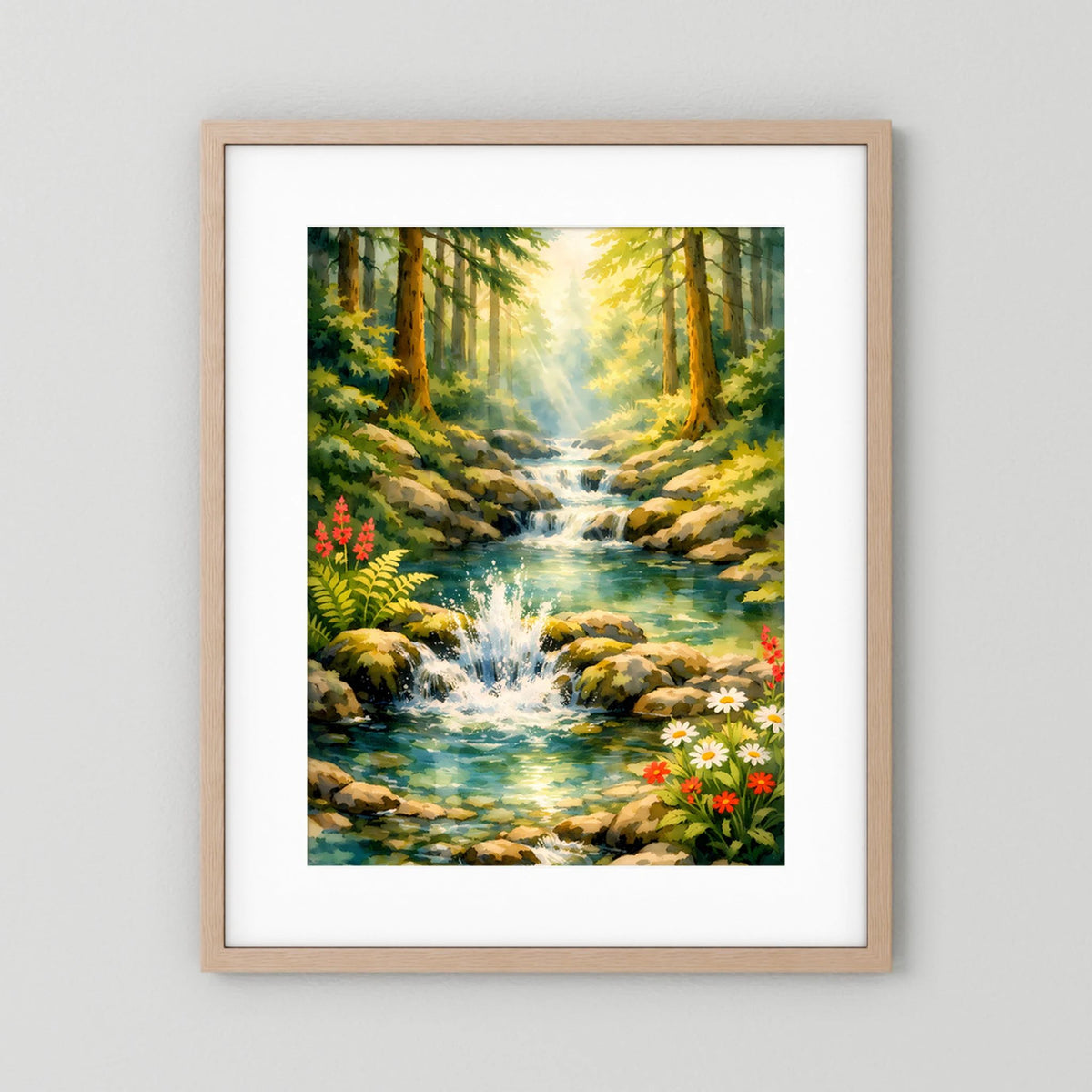 Poster mit Waldidylle und Wasserfall, heller Holzrahmen mit weißem Rand