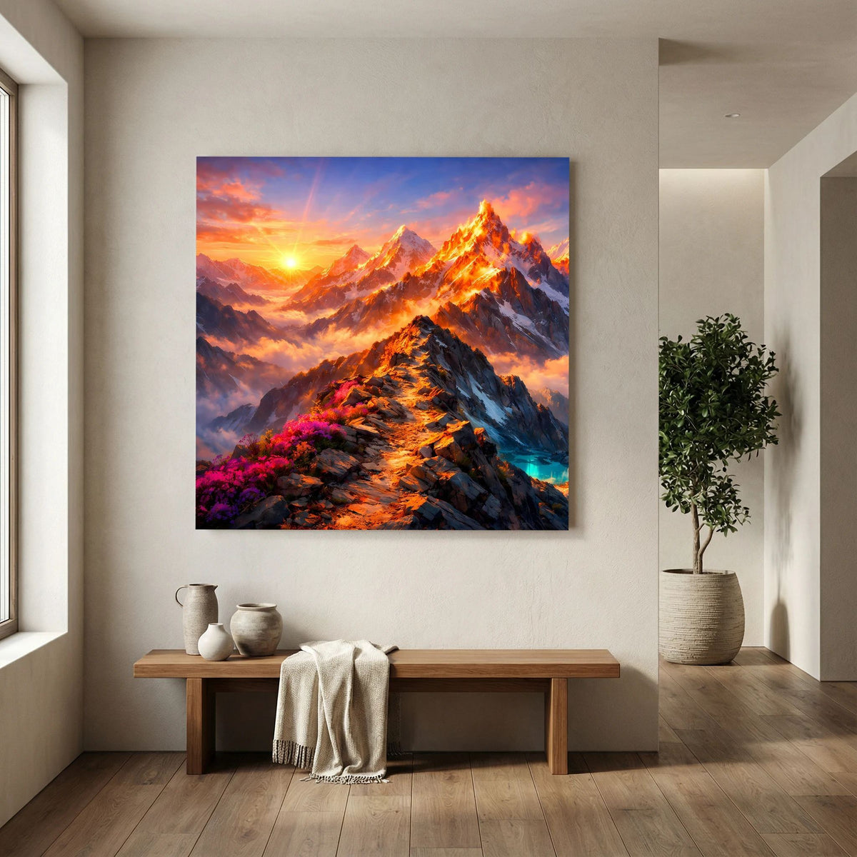 Leinwandbild Sonnenuntergang in den Alpen auf Holzkeilrahmen, blau eingefasst
